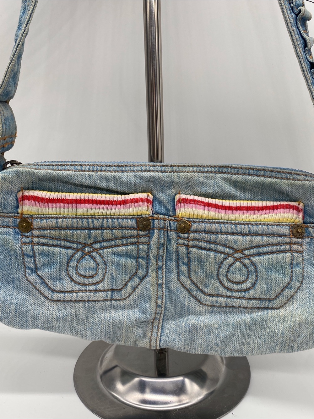Vintage 70’s GAP Light Denim Shoulder Bag with Pink, Red & Cream Trim